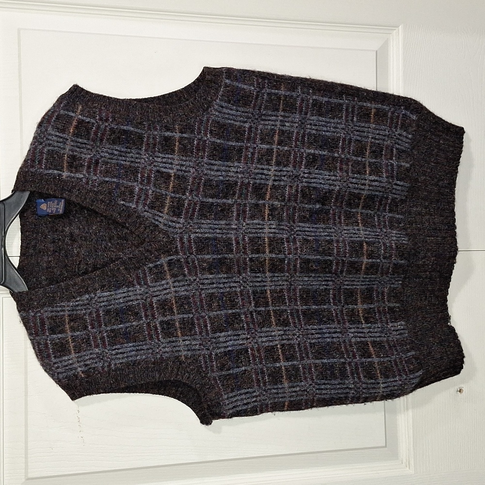 Pure Italian wool made in Italy oversized v-neck sweater vest - S - plaid brown